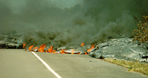 Lava Flowing Over Road - Big Island if Hawaii, pele, goddess, earth mysteries, dolphin, kilauea